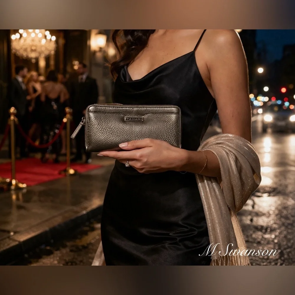 Tahari Metallic Pewter Zip-Around Clutch Wallet – Pebbled Leather